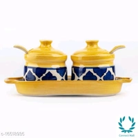 Yellow ceramic Achar Pickle Barni with Lid and Spoon set of 2 - Yellow
